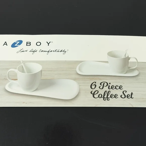 New in Box La Z Boy White Ceramic 6-Piece Coffee Set - 2 Mugs, 2 Spoons, 2 Trays - Picture 5 of 5
